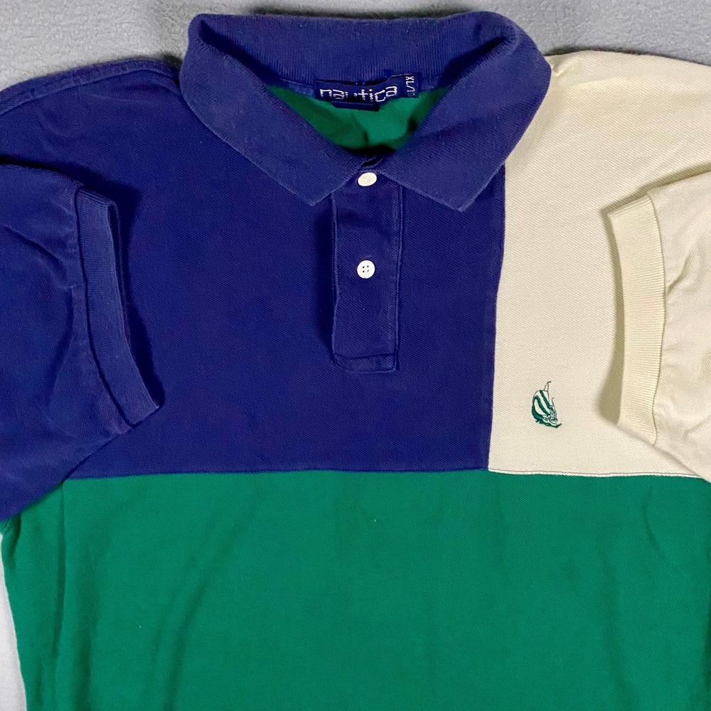 Vintage Nautica Colorblock Polo Shirt Mens XL Blue Green White Short Sleeve 90s